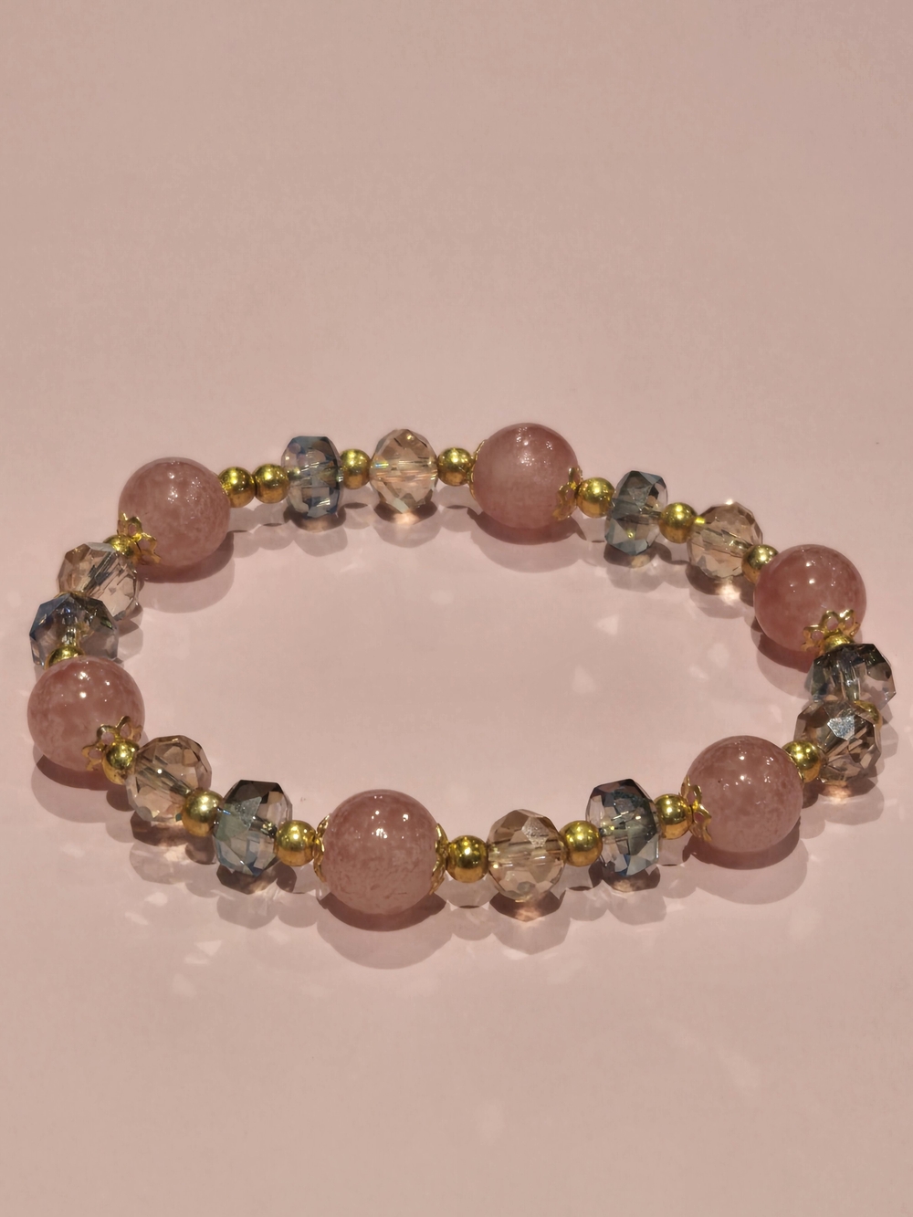 Pink, Blue & Gold Glass Beaded Stretch Bracelet NEW